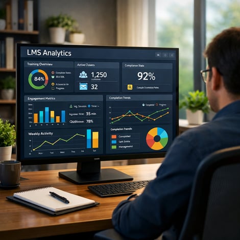Modern Office Analytics Dashboard with Ergonomic Workspace