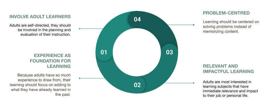 image chart 4 principles of andragogy - problem centred, relevant learning, experience, involve learners