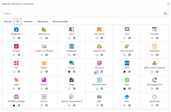 image moodle 3.9 activity chooser with different tabs screenshot