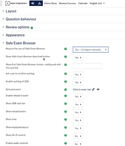 image moodle 3.9 safe exam browser settings screenshot