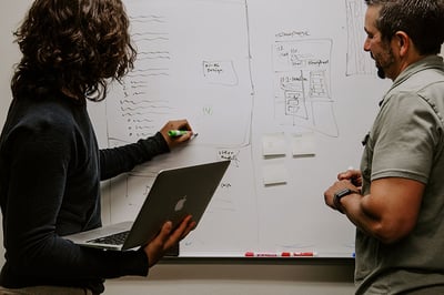 image man and woman strategizing with a whiteboard