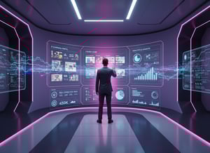 Ultra modern SaaS technology scene with holographic dashboards showing eLearning, onl 705536