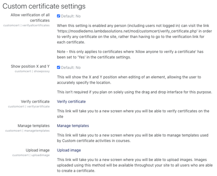 custom certificate settings