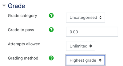 grade settings for quiz