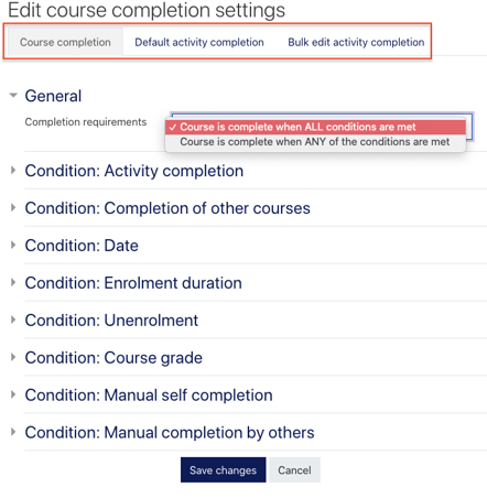 course completion settings