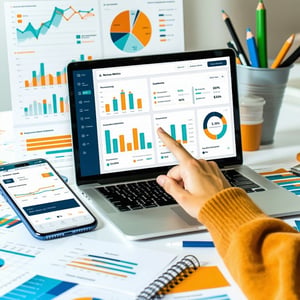 The image showcases a modern, sleek digital interface on a laptop screen displaying a vibrant dashboard